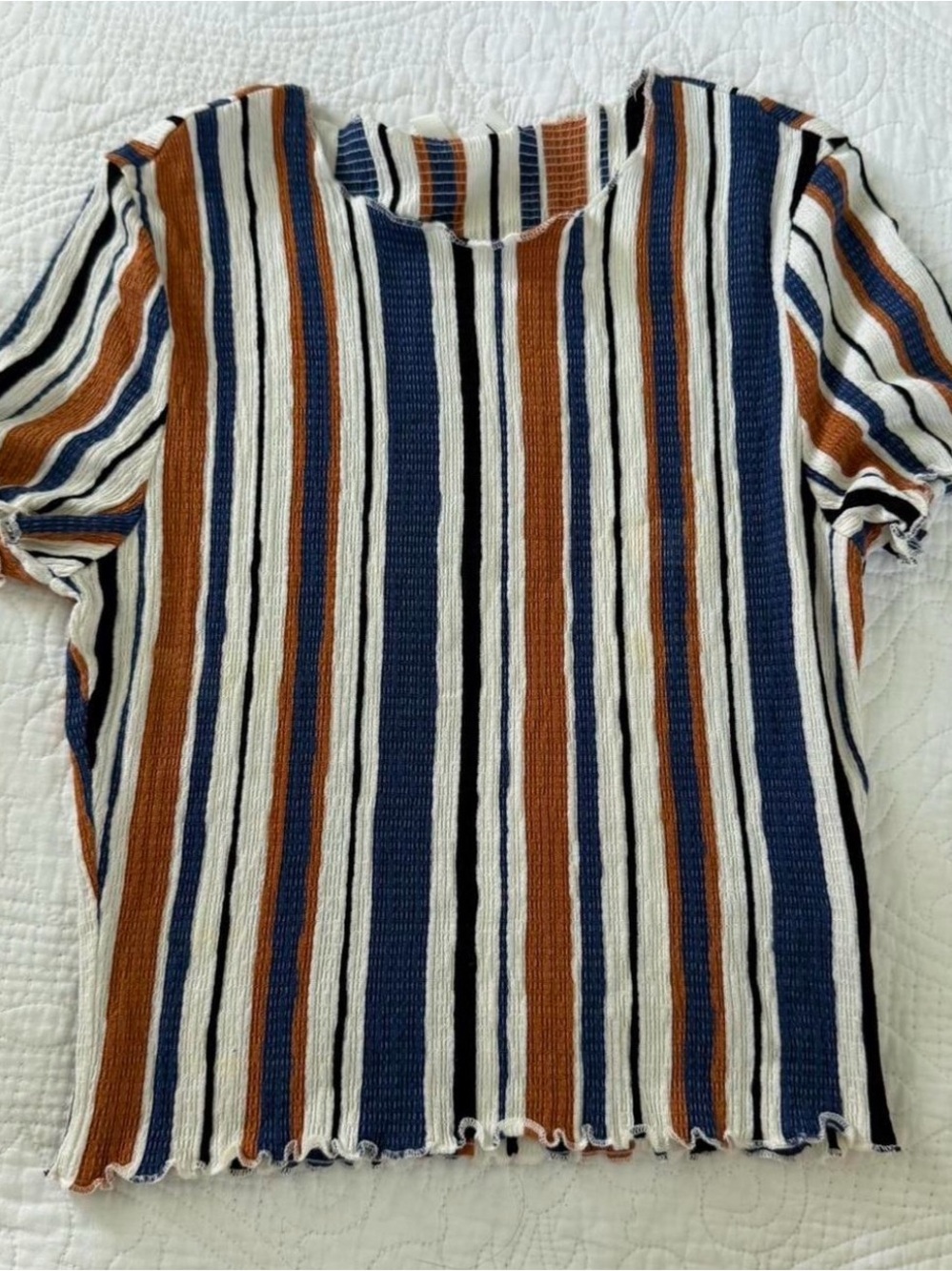 Love Tree Vertical Stripe Short Sleeve Top in Blue, Brown & White